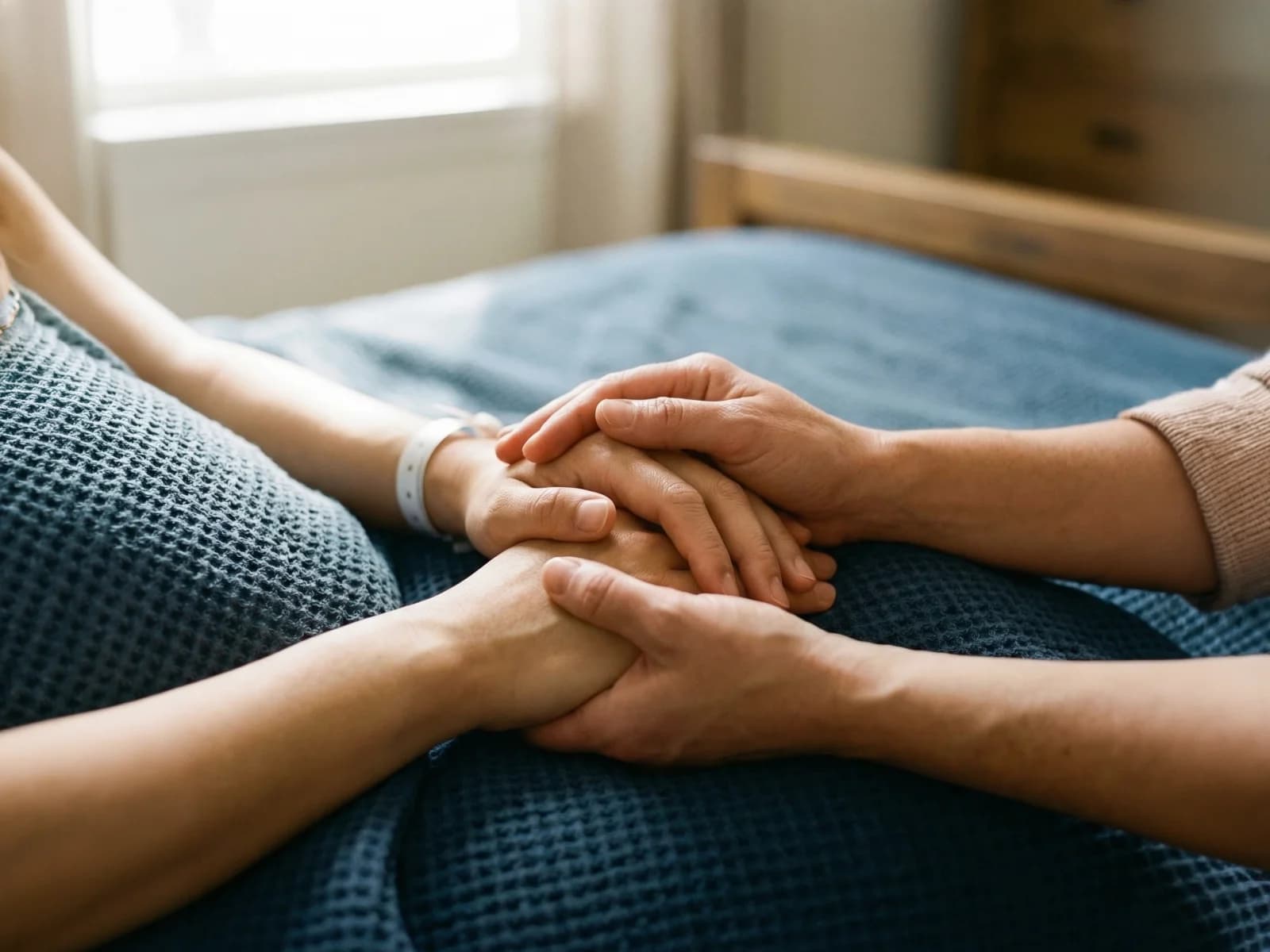 A caregiver gently holding a new mother's hands in comfort