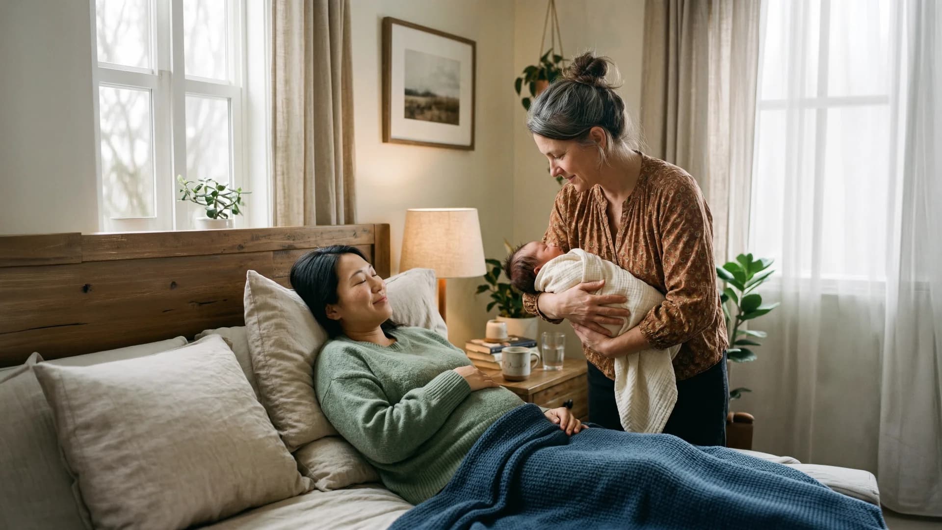 A doula gently holding a newborn while the mother rests peacefully in bed