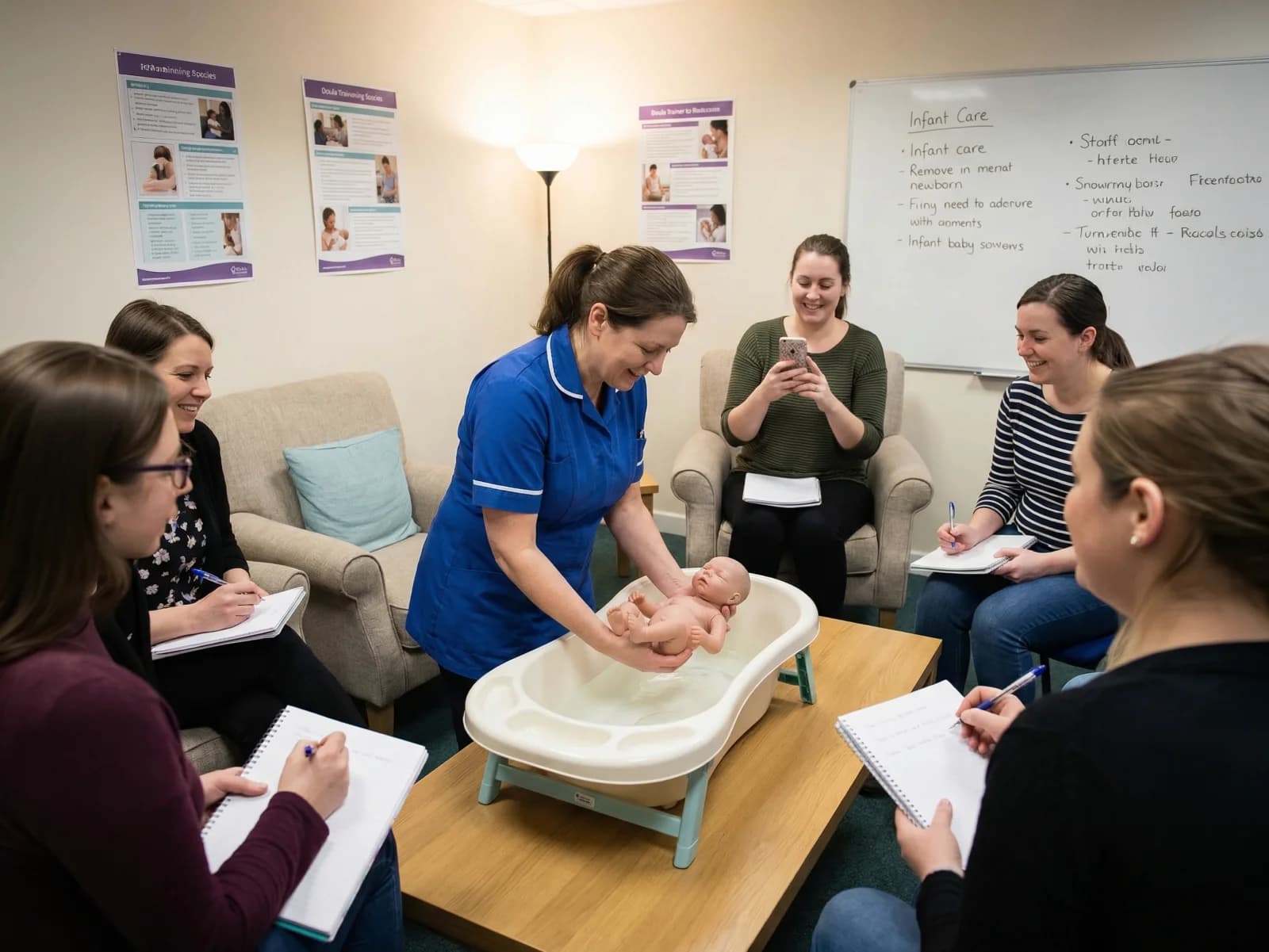 Doula trainer demonstrating newborn care techniques to students